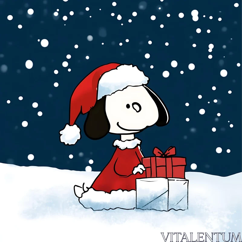 Festive Cartoon Dog in Santa Hat with Snow and Gifts AI Image