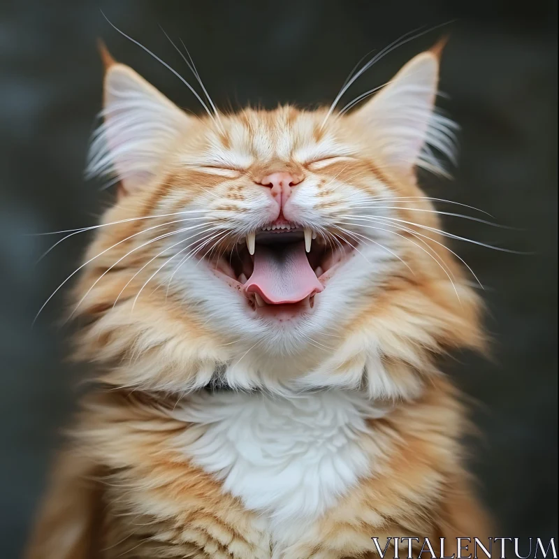 Fluffy Cat Yawning with Whiskers Prominent AI Image