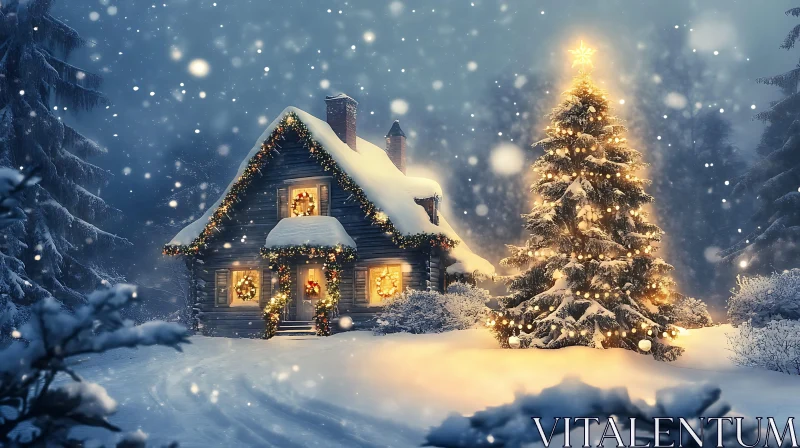 Festive Cabin with Christmas Tree in Winter Scenery AI Image