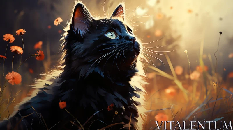 Black Cat in Field of Flowers | Digital Painting AI Image