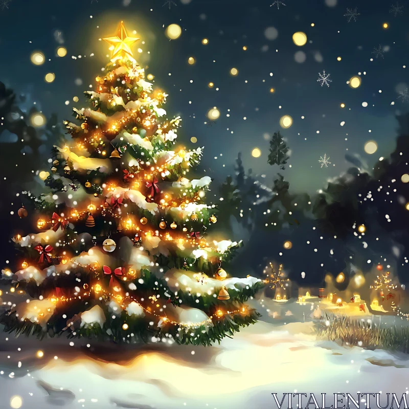 Serene Night with Lighted Christmas Tree and Snowfall AI Image