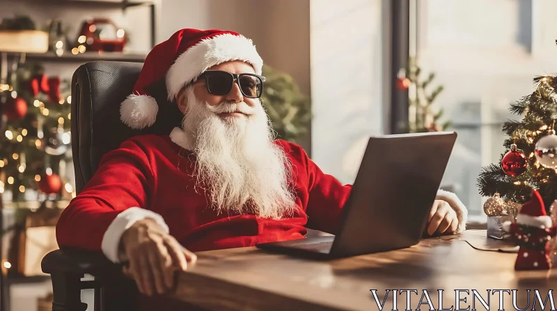 AI ART Santa Claus in Sunglasses in a Modern Office