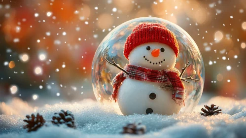 Snowman in a Festive Globe with Snowfall and Pinecones