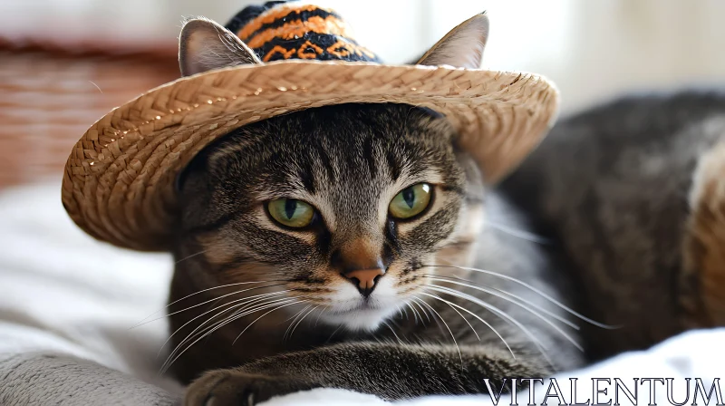 Tabby Cat in Straw Hat AI Image