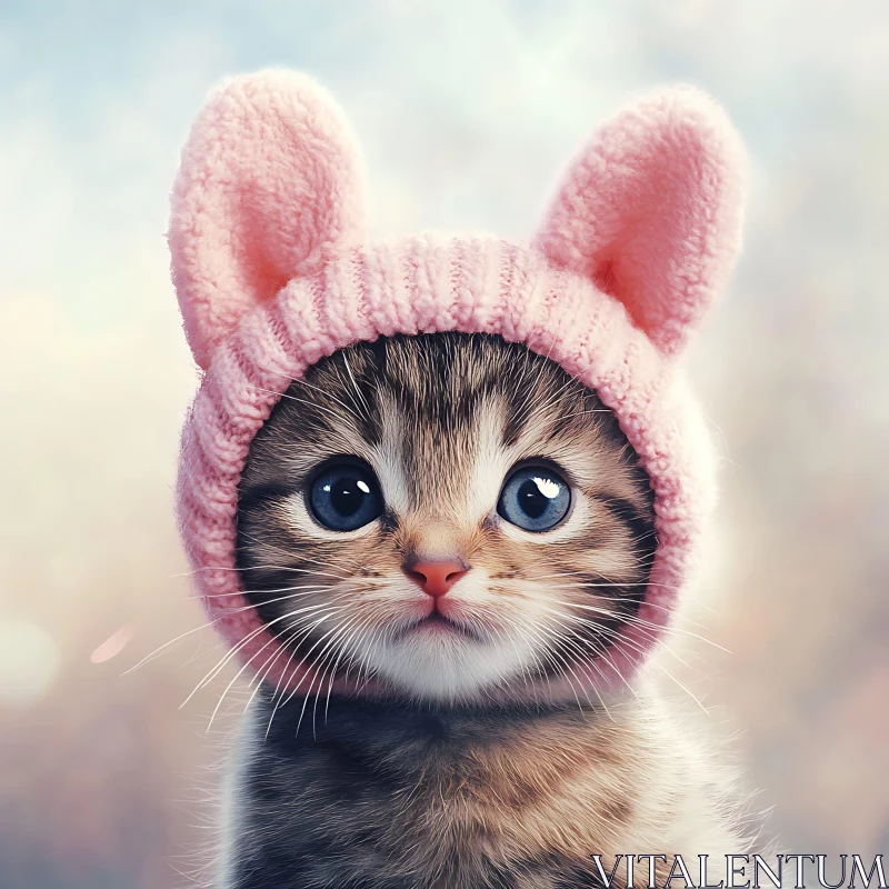 Cute Kitten with Big Blue Eyes Wearing Pink Hat AI Image