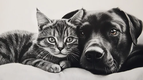 Cat and Dog Companionship in Monochrome