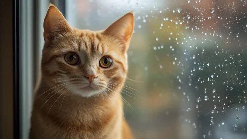 Curious Orange Cat with Raindrops on Window