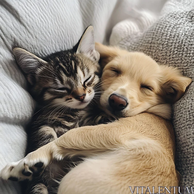 Kitten and Puppy Snuggling AI Image