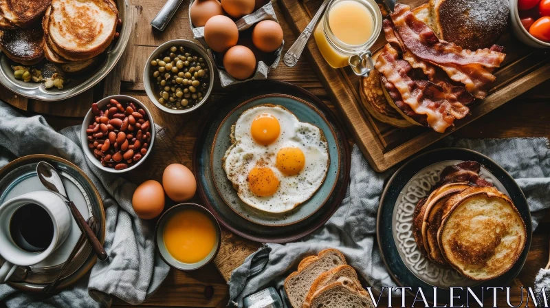 Delicious Breakfast Table: Eggs, Bacon, Pancakes, and More AI Image