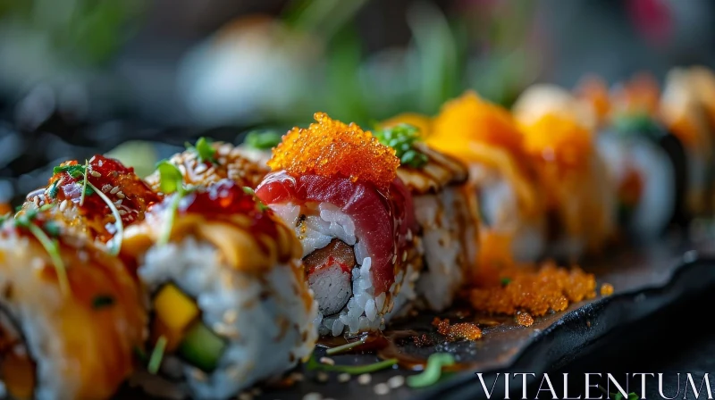 Delicious Sushi Rolls on a Black Plate | Close-Up Photo AI Image