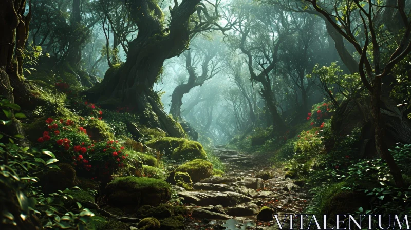 Enchanting Forest Landscape with Path and Majestic Trees AI Image