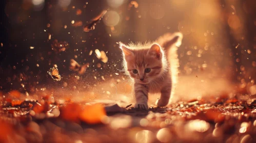 Enchanting Orange Kitten Walking in a Fall Forest