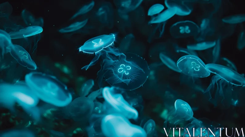 Glowing Jellyfish in Dark Blue Water - Captivating Nature Art AI Image