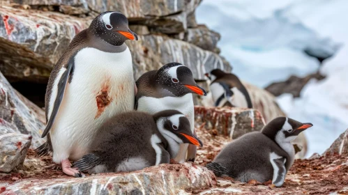 Group of Gentoo Penguins on Rocky Beach in Antarctica