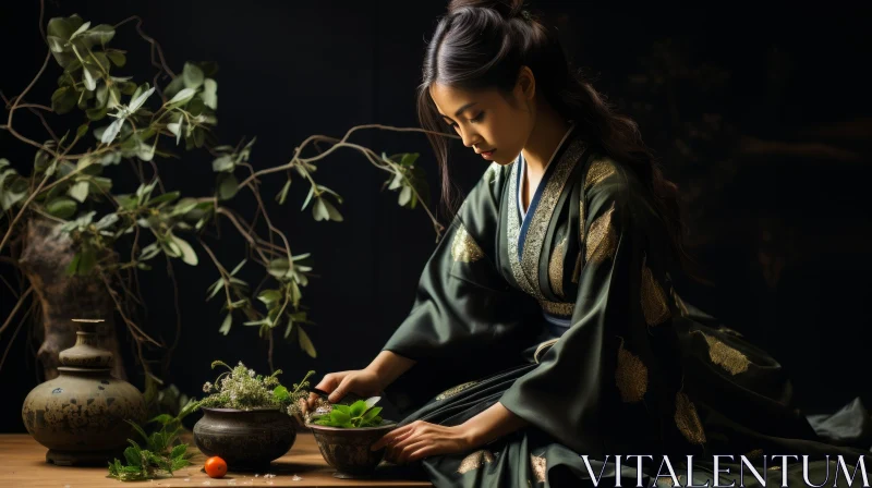 Japanese Woman in Traditional Kimono Planting Herbs - Renaissance Chiaroscuro AI Image