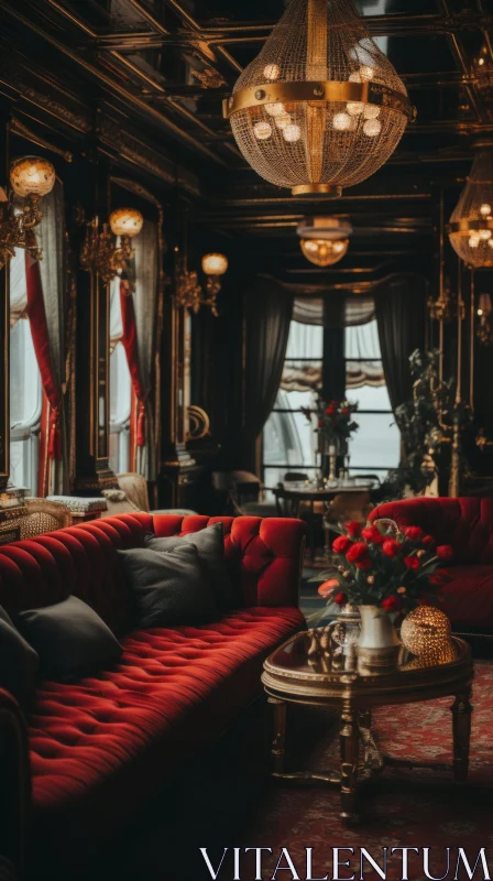 Luxurious Red Couch on a Ship: Gothic Dreamy Interior AI Image