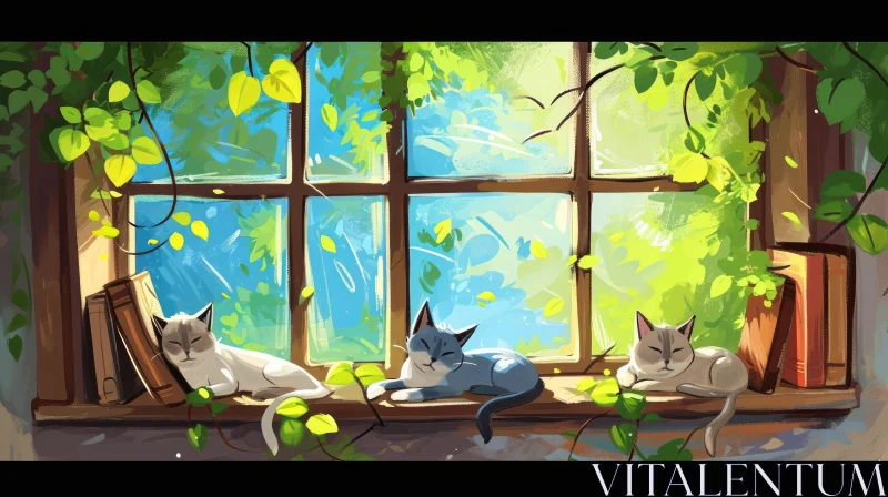Peaceful Painting of Three Cats Sleeping in a Window AI Image