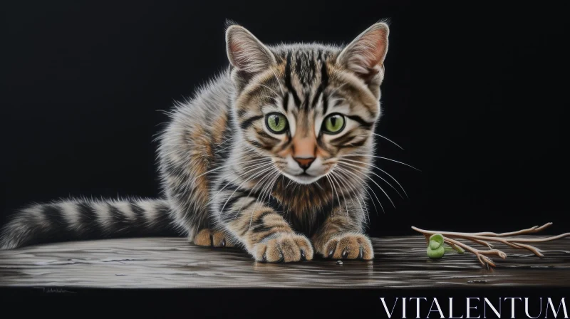 Realistic Cat Painting on Wooden Table AI Image
