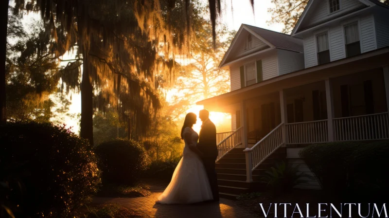Romantic Wedding Scene at Sunset with Bride and Groom AI Image