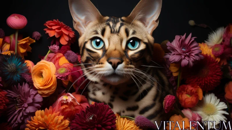 Serene Cat Portrait Among Flowers AI Image