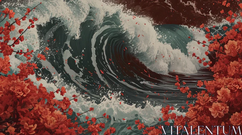 Stormy Sea Painting with Red and White Flowers | Realistic Art AI Image