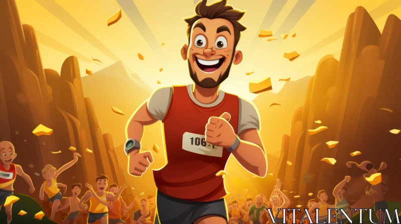 AI ART Thrilling Race: Man in Red Shirt Leads Mountain Race