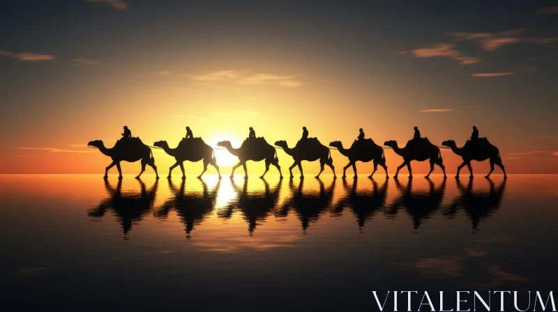 Tranquil Sunset with Four Camels on Water | Symmetry and Serenity AI Image