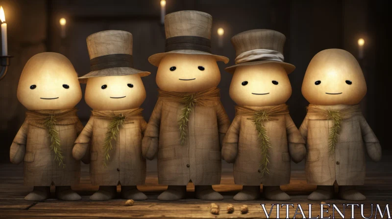 Wooden Characters Wearing Hats in Soft Lighting | Cinema4d Render AI Image