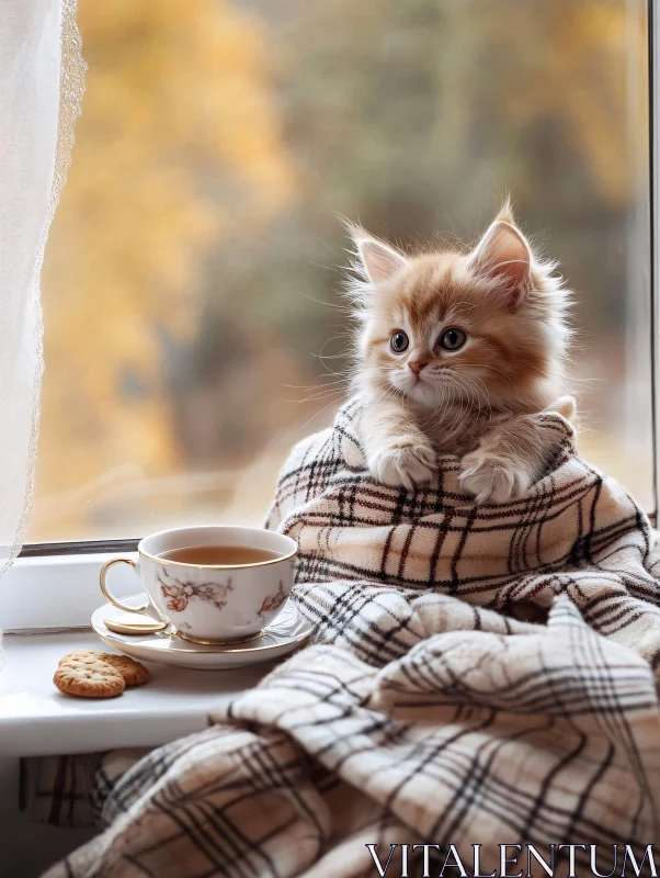 Comforting Autumn Vibes with Kitten and Tea AI Image