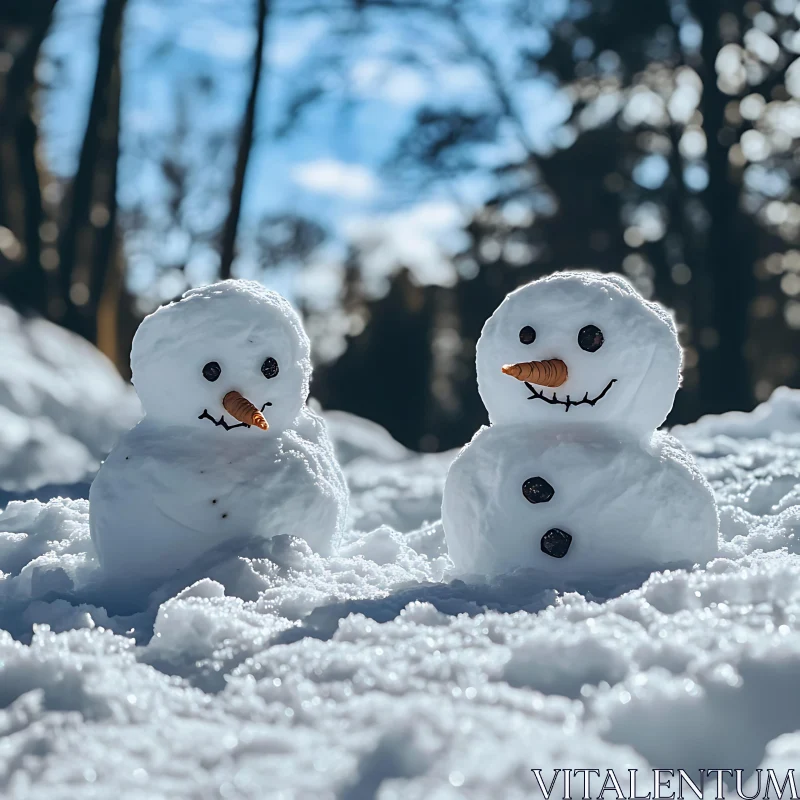 Playful Snowmen in a Snowy Woodland AI Image