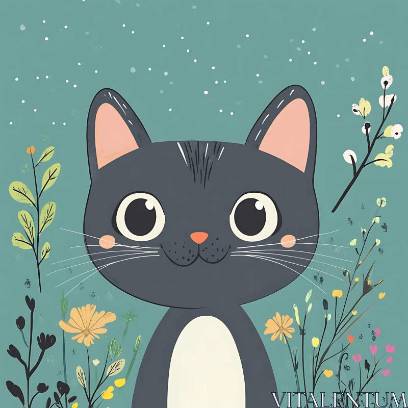 Whimsical Black and White Cat in Floral Setting AI Image