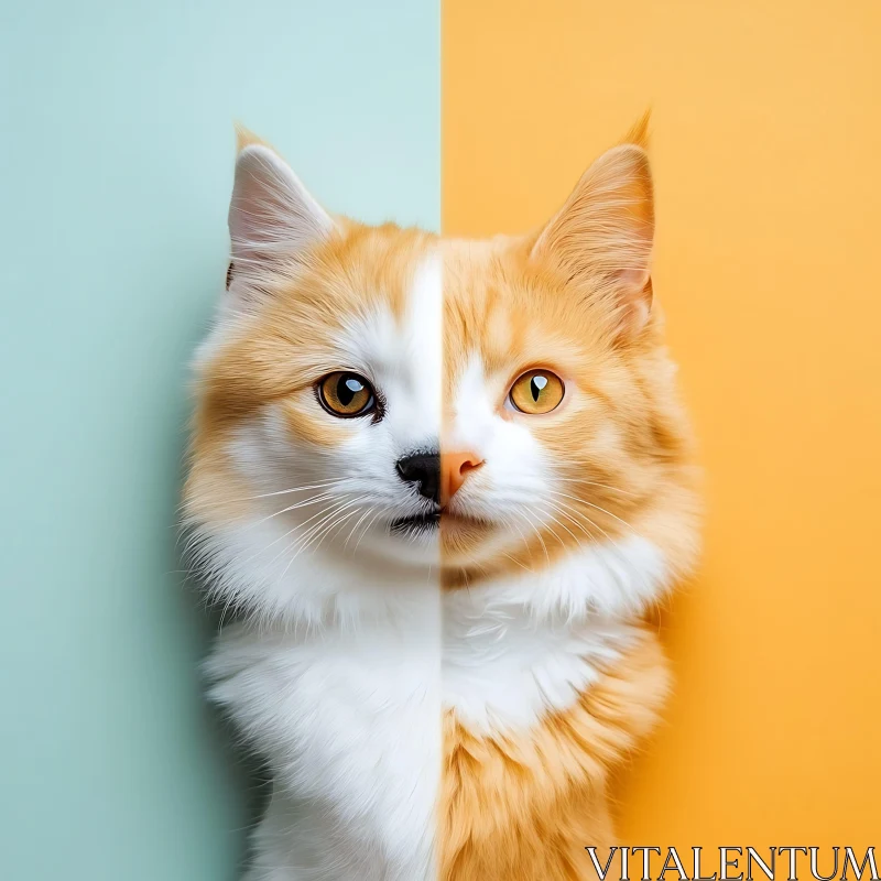 Symmetrical Cat Face with Distinct Background Colors AI Image