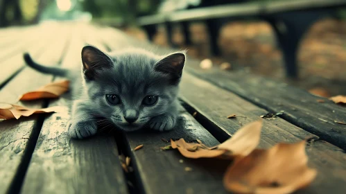 Cute Gray Kitten on Bench with Fall Leaves