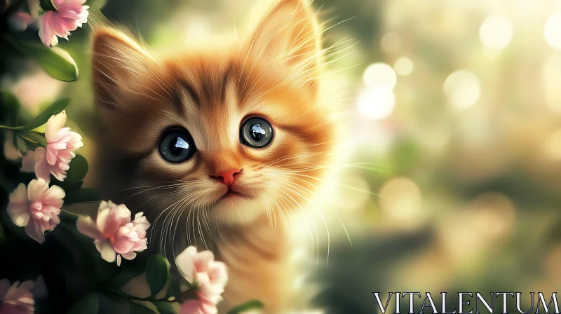 Orange Kitten with Big Eyes and Pink Flowers AI Image