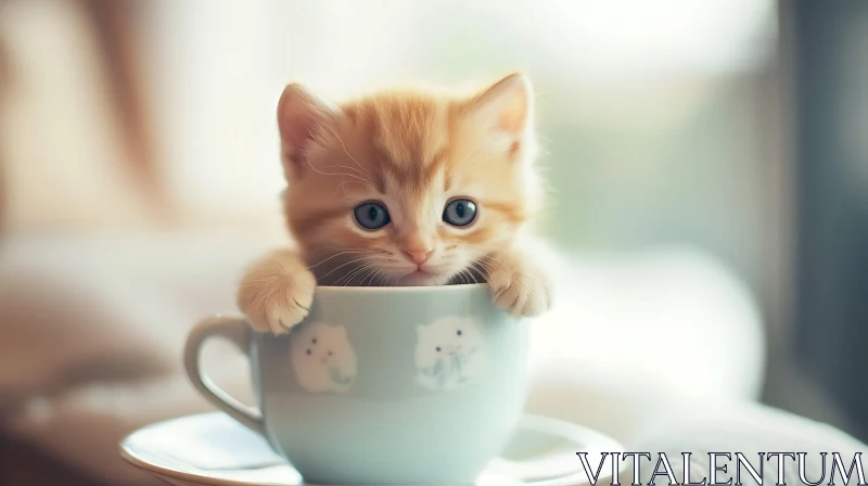 Cute Blue-Eyed Ginger Kitten in a Teacup AI Image