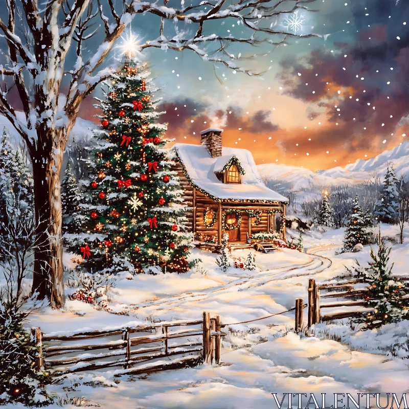 Festive Log Cabin with Christmas Tree and Snow AI Image