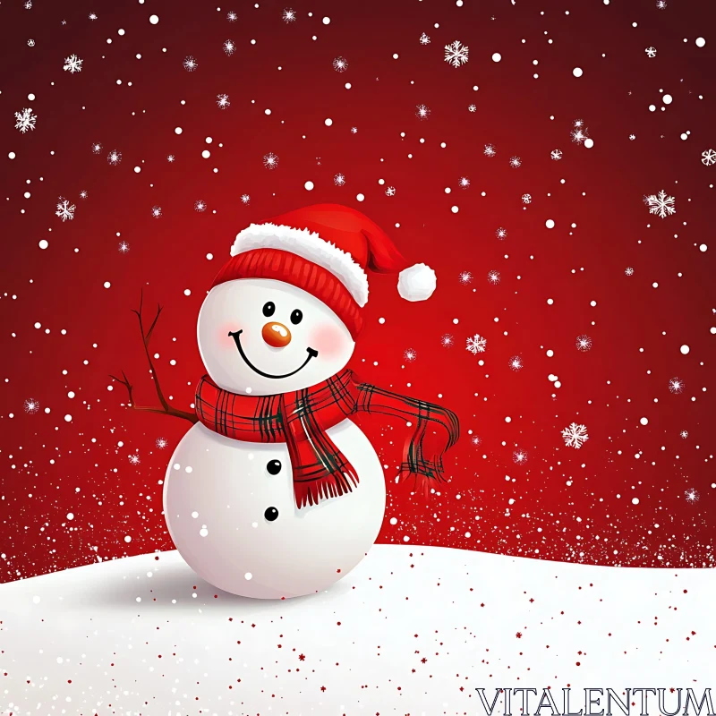 Smiling Snowman in Red Santa Hat and Plaid Scarf AI Image