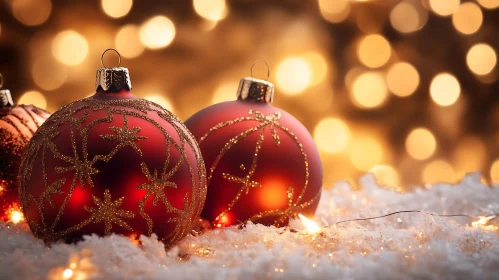 Red Christmas Decorations in Snow with Golden Light Bokeh