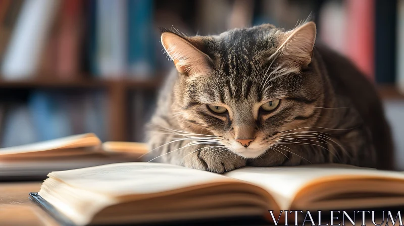 Cat Resting on Open Book in Study Room AI Image