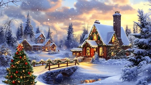 Scenic Snowy Christmas Landscape with Cottage