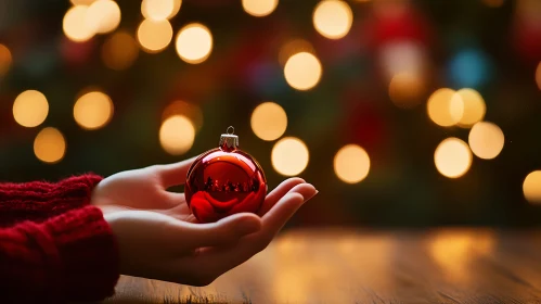 Christmas Ornament in Hands with Holiday Lights