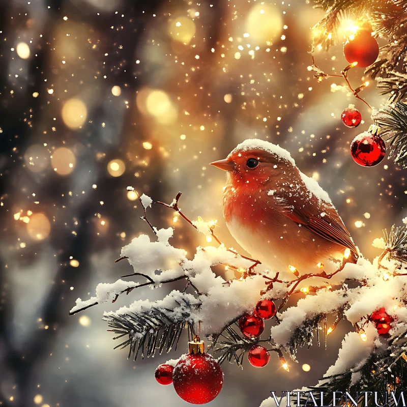 Festive Robin on Snow-Covered Branch AI Image