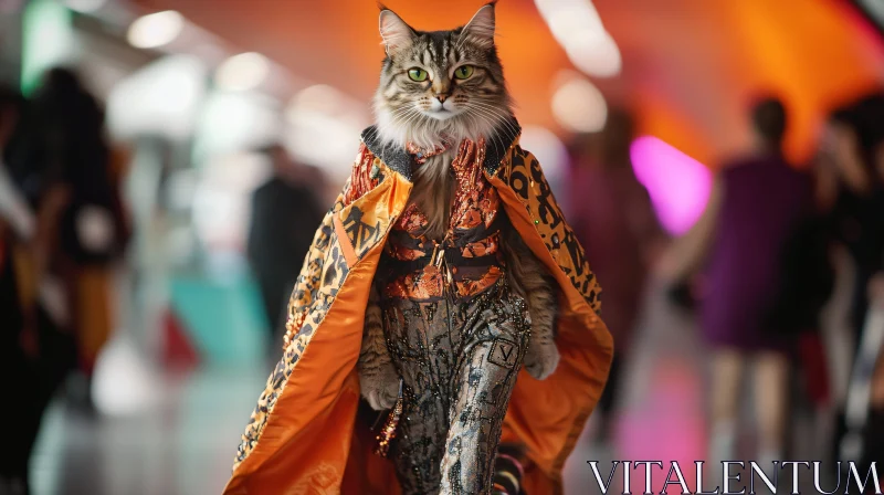 Stylish Cat in Intricate Outfit on Runway AI Image