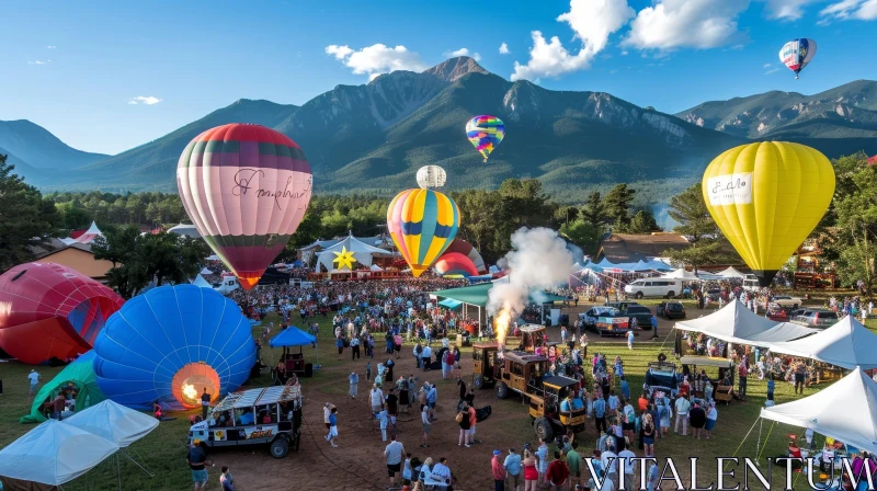 Colorful Hot Air Balloon Festival with Mountain Backdrop AI Image