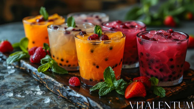 Delicious Fruit Cocktails with Fresh Berries and Mint on Wooden Board AI Image