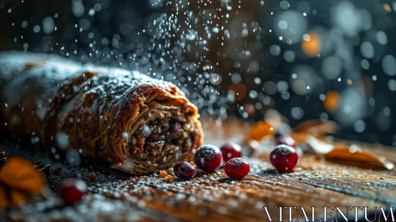 Delicious Strudel on Wooden Table | Powdered Sugar and Red Berries AI Image