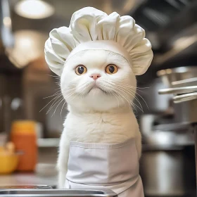 Cute White Cat Chef in Modern Kitchen