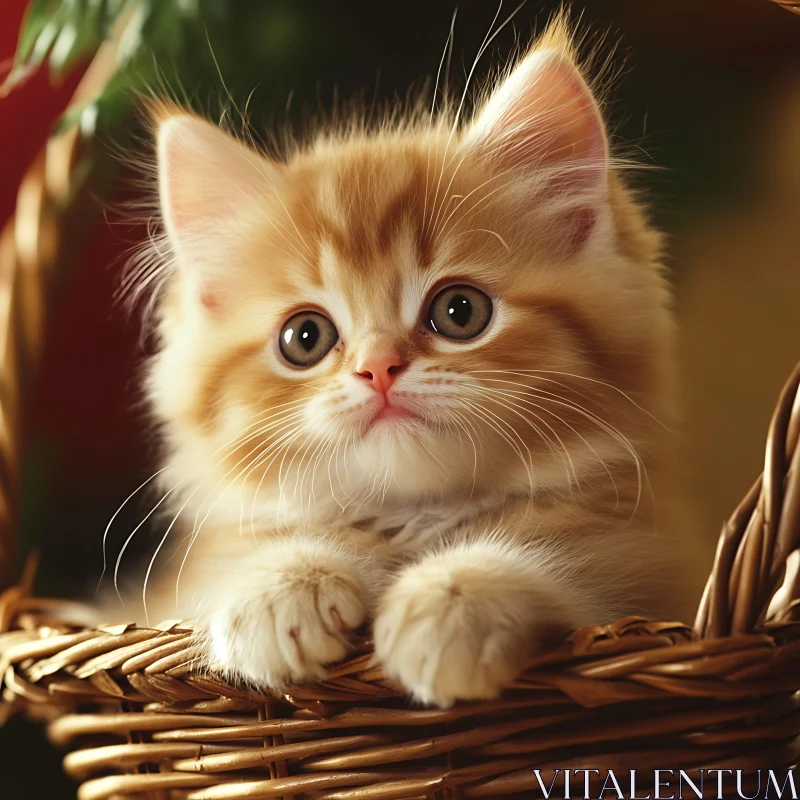 Cute Fluffy Kitten Resting in Basket AI Image