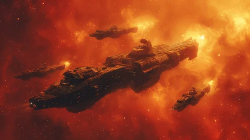 Fleet of Five Spaceships in Red Nebula Formation