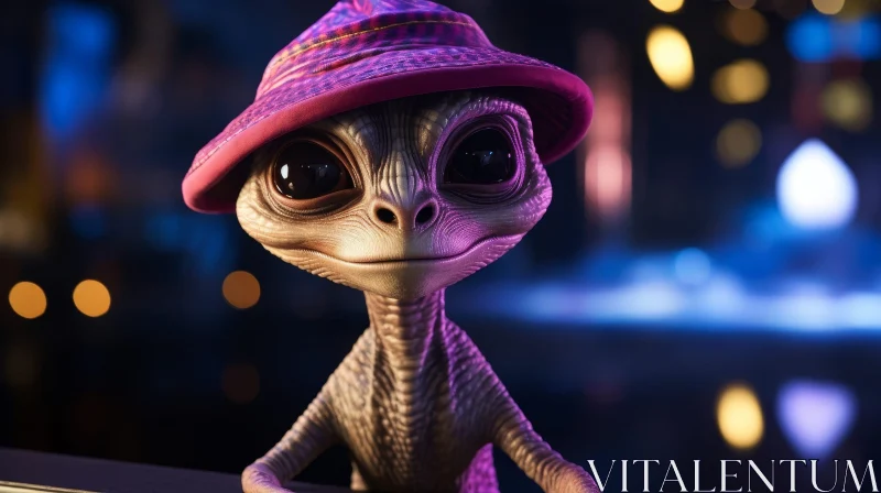 Friendly Alien in Pink Hat Against City Lights AI Image